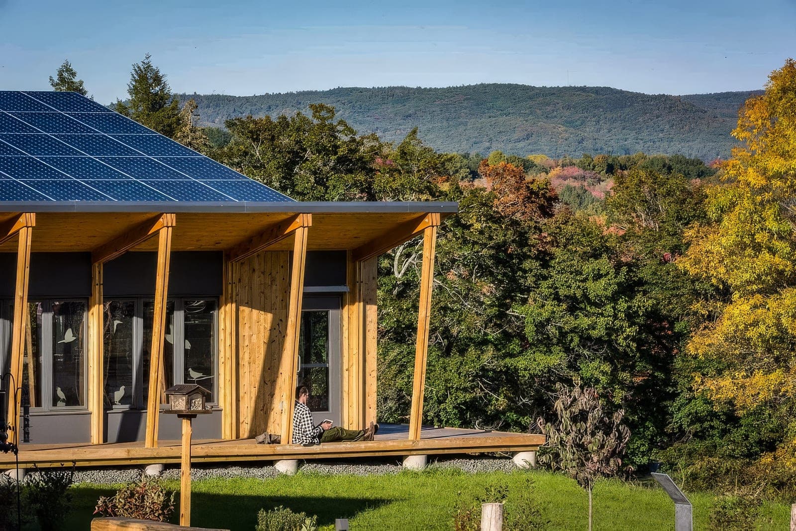 Timber home with a solar roof facing the forest in autumn