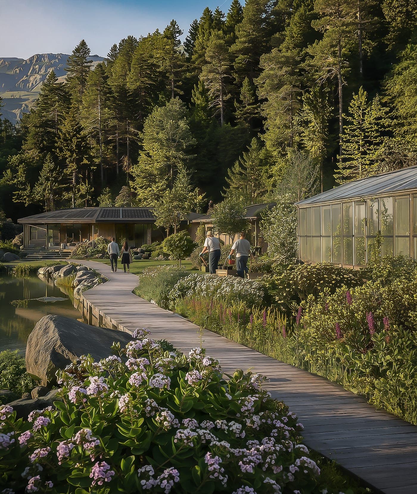 Timber walkway between homes, a greenhouse and the forest