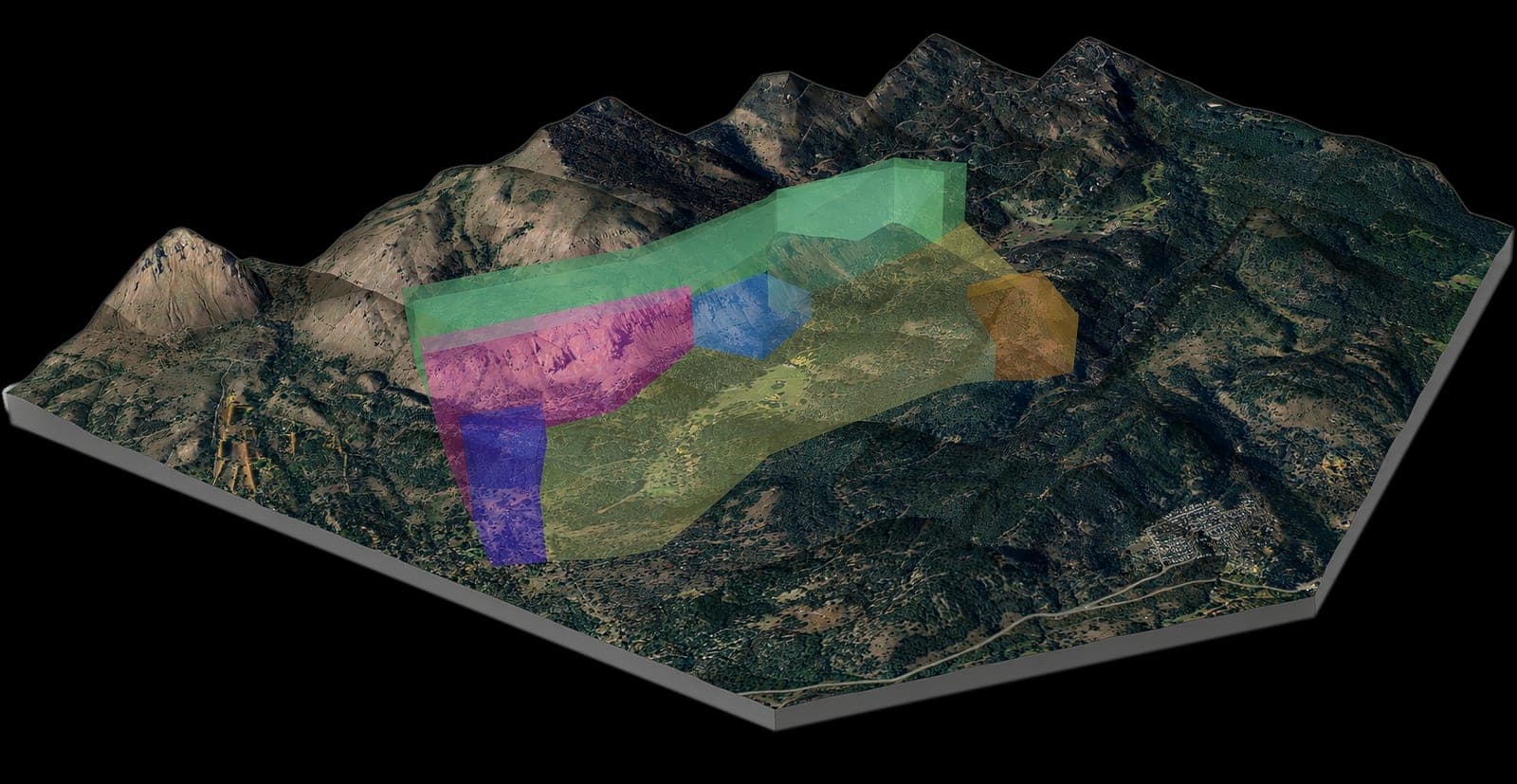 3D model of the property's terrain with the land-use zones marked in colour
