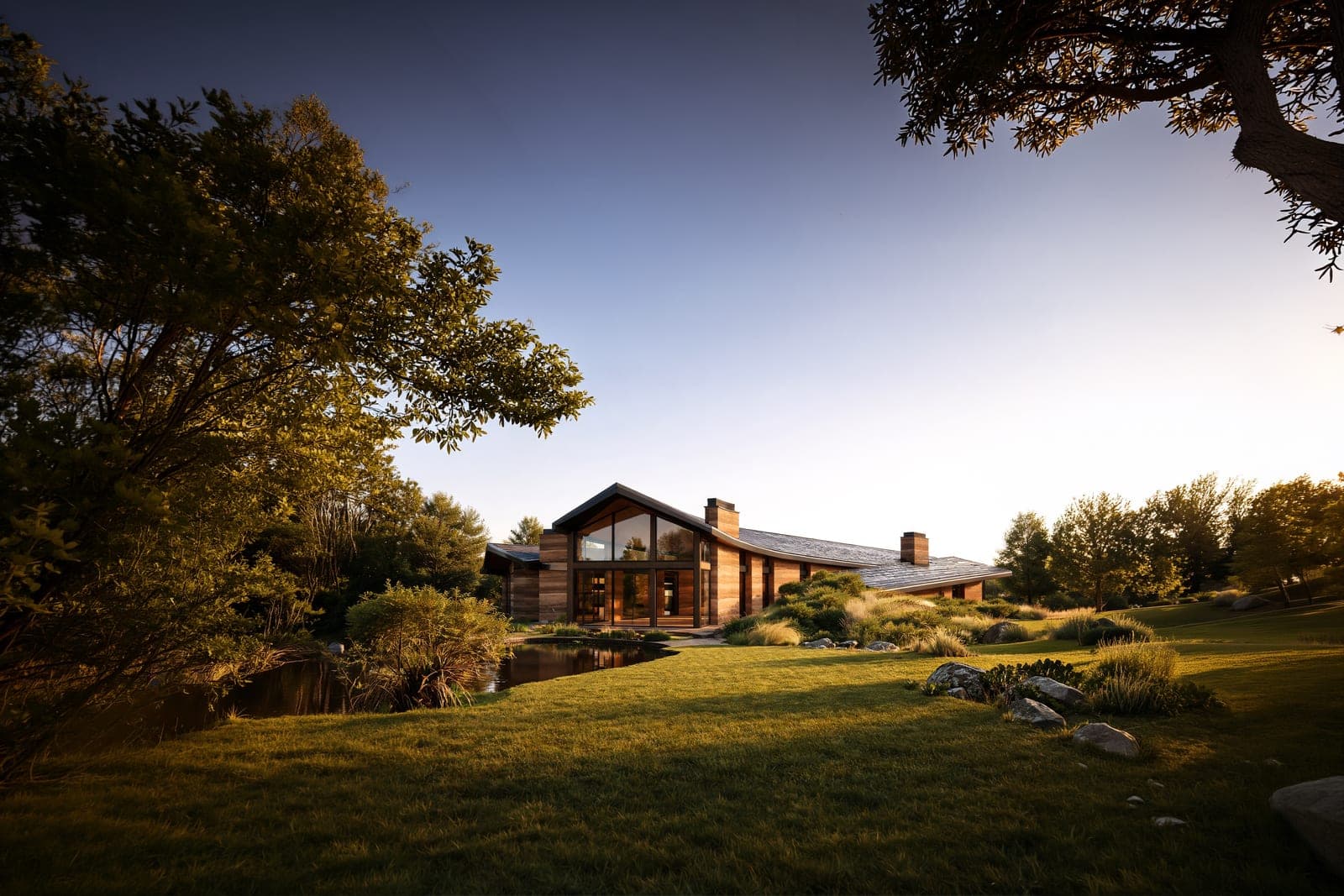 Rammed-earth and timber house with a pitched roof beside a body of water, among trees
